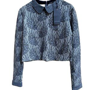 NEW Joymiss Women's Size 42/L Long-Sleeve Grey White Cropped Blouse Top